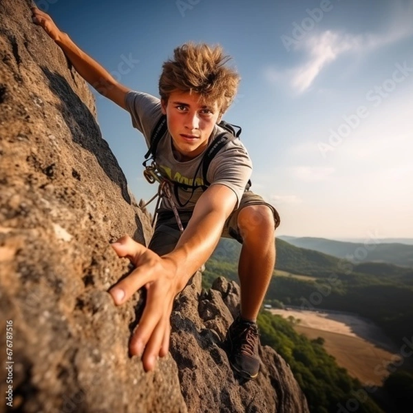 Obraz young climber climbing a mountain
