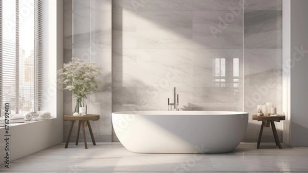 Obraz Interior with a modern bathtub in white tones with sunlight streaming in through the window.