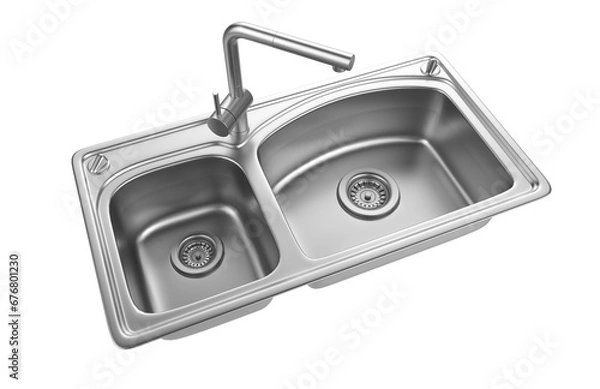 Fototapeta A stainless steel kitchen sink isolated on a white background, equipped with a faucet, and rendered in 3D.