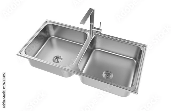 Fototapeta A stainless steel kitchen sink isolated on a white background, equipped with a faucet, and rendered in 3D.