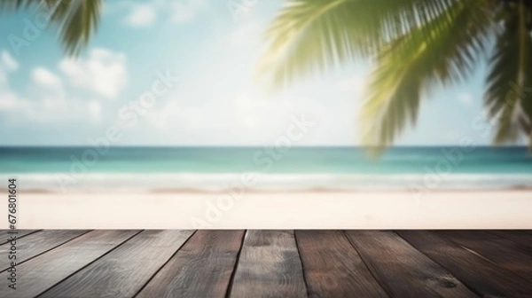 Obraz Dark wood floor top on blur tropical beach background, Advertisement, Print media, Illustration, Banner, for website, copy space, for word, template, presentation