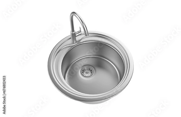 Fototapeta A stainless steel kitchen sink isolated on a white background, equipped with a faucet, and rendered in 3D.