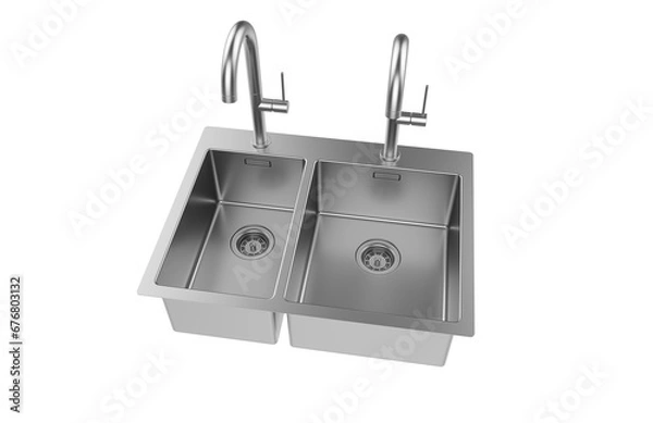 Fototapeta A stainless steel kitchen sink isolated on a white background, equipped with a faucet, and rendered in 3D.