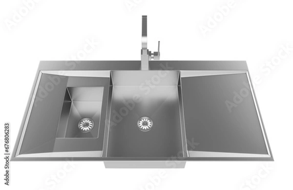 Fototapeta A stainless steel kitchen sink isolated on a white background, equipped with a faucet, and rendered in 3D.