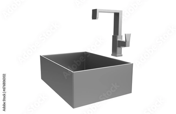 Fototapeta A stainless steel kitchen sink isolated on a white background, equipped with a faucet, and rendered in 3D.