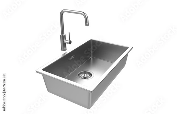 Fototapeta A stainless steel kitchen sink isolated on a white background, equipped with a faucet, and rendered in 3D.