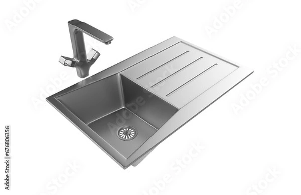 Fototapeta A stainless steel kitchen sink isolated on a white background, equipped with a faucet, and rendered in 3D.