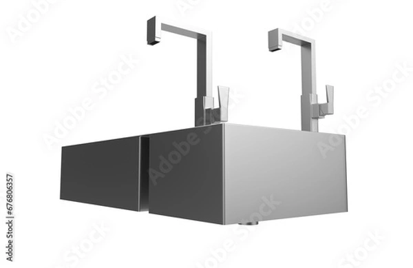 Fototapeta A stainless steel kitchen sink isolated on a white background, equipped with a faucet, and rendered in 3D.