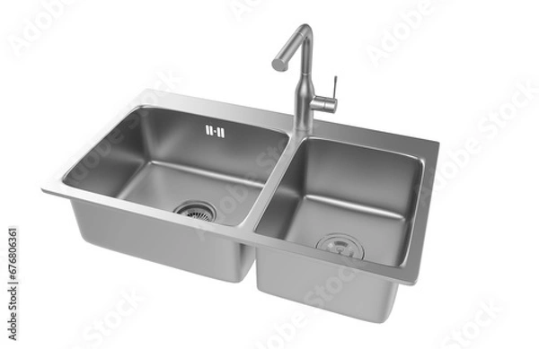 Fototapeta A stainless steel kitchen sink isolated on a white background, equipped with a faucet, and rendered in 3D.