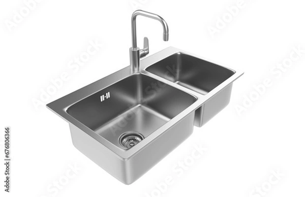 Fototapeta A stainless steel kitchen sink isolated on a white background, equipped with a faucet, and rendered in 3D.
