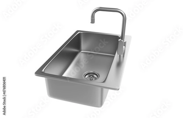 Fototapeta A stainless steel kitchen sink isolated on a white background, equipped with a faucet, and rendered in 3D.