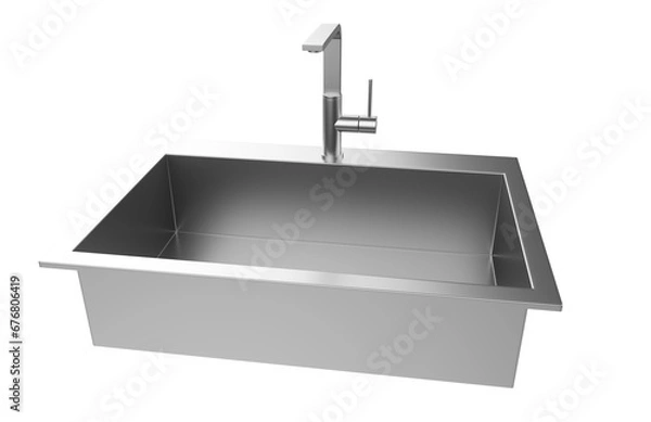 Fototapeta A stainless steel kitchen sink isolated on a white background, equipped with a faucet, and rendered in 3D.