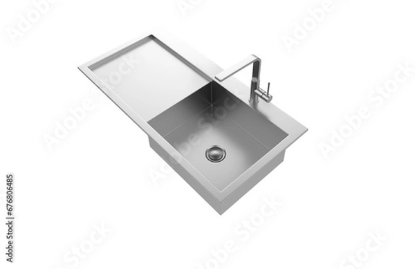 Fototapeta A stainless steel kitchen sink isolated on a white background, equipped with a faucet, and rendered in 3D.
