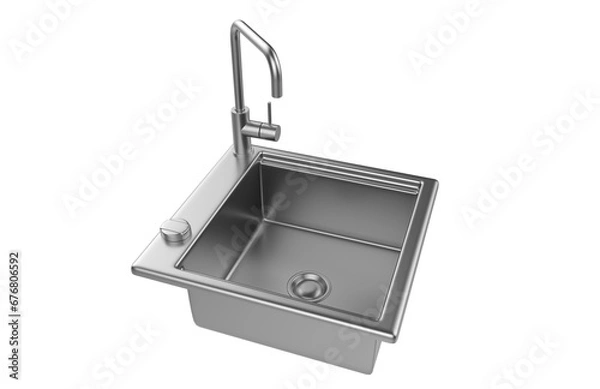 Fototapeta A stainless steel kitchen sink isolated on a white background, equipped with a faucet, and rendered in 3D.