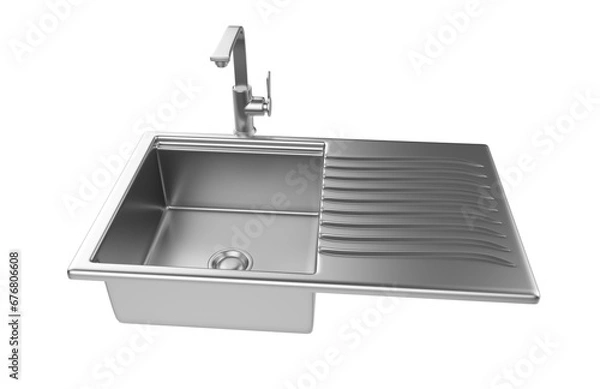 Fototapeta A stainless steel kitchen sink isolated on a white background, equipped with a faucet, and rendered in 3D.