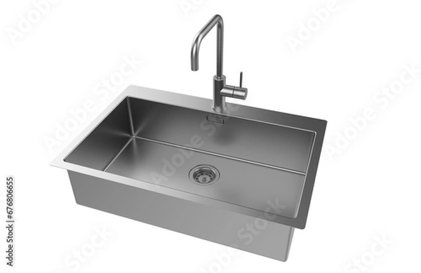 Fototapeta A stainless steel kitchen sink isolated on a white background, equipped with a faucet, and rendered in 3D.