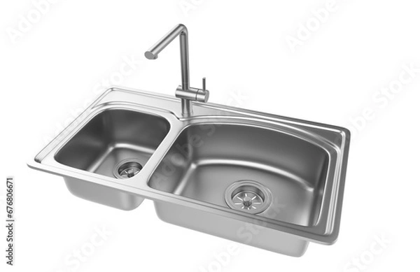 Fototapeta A stainless steel kitchen sink isolated on a white background, equipped with a faucet, and rendered in 3D.