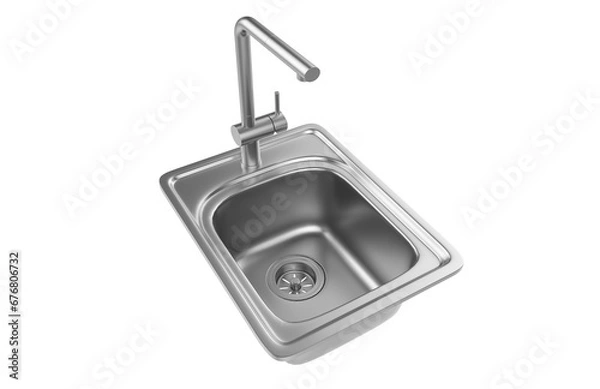 Fototapeta A stainless steel kitchen sink isolated on a white background, equipped with a faucet, and rendered in 3D.