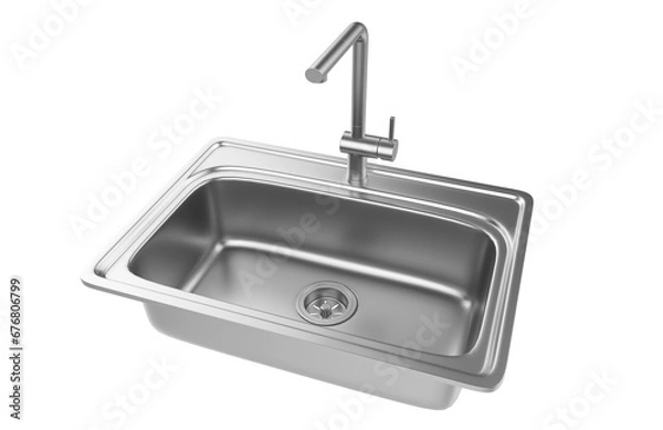 Fototapeta A stainless steel kitchen sink isolated on a white background, equipped with a faucet, and rendered in 3D.