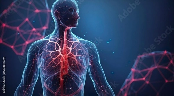 Obraz A holographic, blue human body with red lung inside. Healthcare illustration of the human respiratory organs in front of plexus cloud. Generative AI.