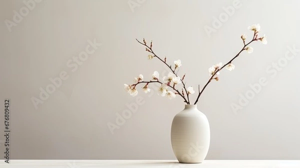 Fototapeta  a white vase with a branch of white flowers in it on a table with a white wall in the background.  generative ai