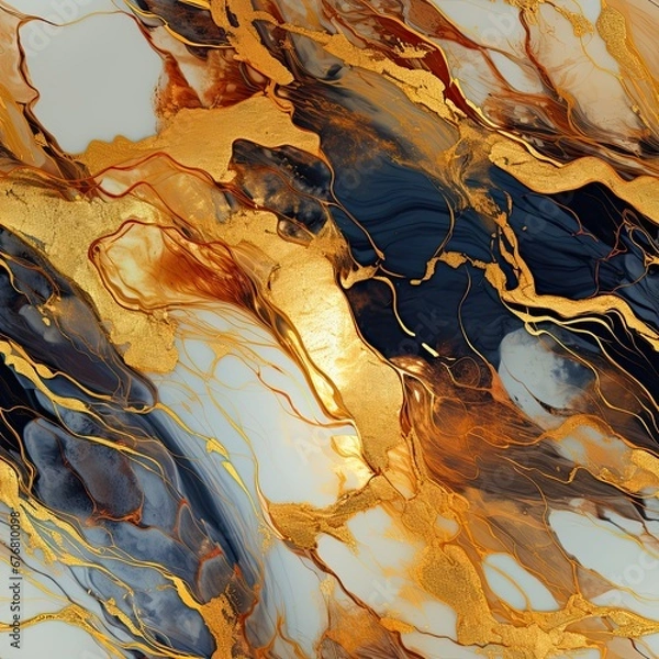 Obraz Seamless repeating abstract pattern of gold blue and white metallic ink marble paint texture background