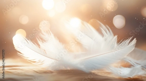 Fototapeta White feather with gold glitter on defocused background with light beam and sparks and confetti. Vector design with realistic golden colored bird or angel quill, soft fluffy plume flying in sun ray