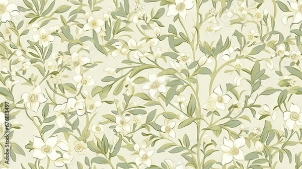 Obraz  a pattern of white flowers and green leaves on a light green background for a wallpaper or a wall covering.  generative ai