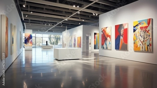 Fototapeta art gallery with paintings and artwork in the background indoors space