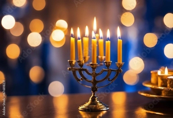 Fototapeta An AI illustration of gold menorah with five candles in front of lit up lights