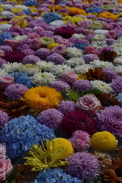 Fototapeta The front water pond with full of colorful beautiful flowers at the Takino shrine temple in Sapporo Japan