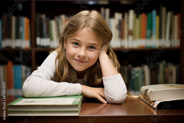 Fototapeta Schoolgirl sitting at table in library. Generative AI