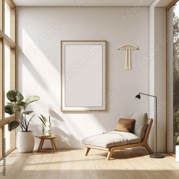 Obraz Contemporary white boho living room with large windows