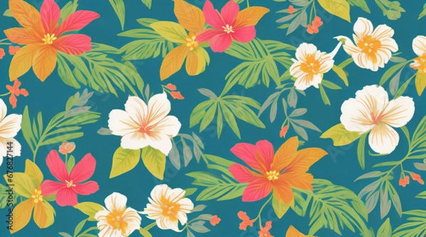 Obraz retro aloha pattern with painted leaves and blossoms that exude a natural and exotic feel, capturing the essence of summer in a playful and charming way - Generative AI