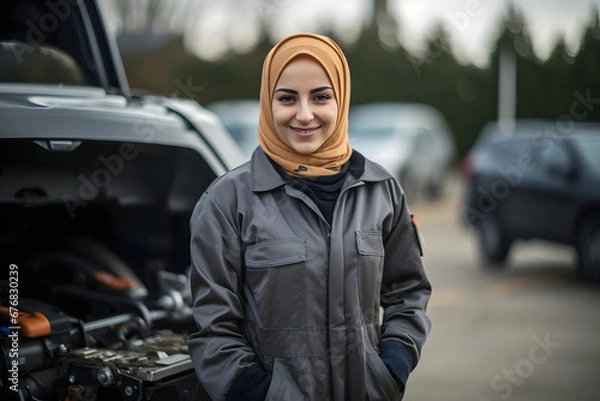 Fototapeta a muslim female mechanic wearing jacket and hijab standing in front of car repairing it with sweet smile on the face while looking in the camera 