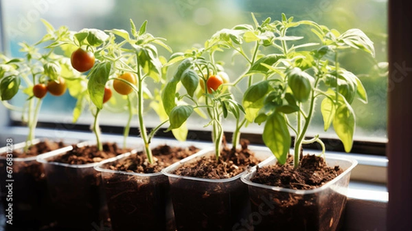 Fototapeta Seedlings of tomatoes in plastic pots on the windowsill.