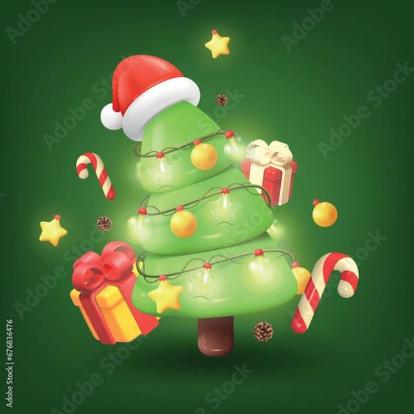 Fototapeta 3d christmas tree. New year or happy xmas party gift, holiday winter decor, santa hat and stars, noel render. Greeting and invitation card design. Vector background, isolated cartoon elements