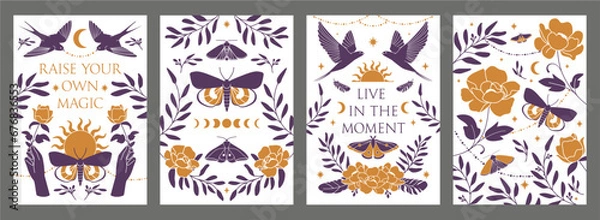 Fototapeta Boho posters. Swallow birds, magic bohemian vibe, butterfly and flowers, mysterious ornament for inspiration, motivation posters. Nature garden print. Hand hold rose. Vector illustration
