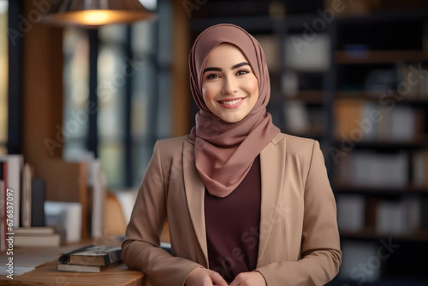 Fototapeta a muslin lady wearing hijab, coat and maroon shirt holding paper files in the hand, a teacher in front of building with blur background and some people walking around the building