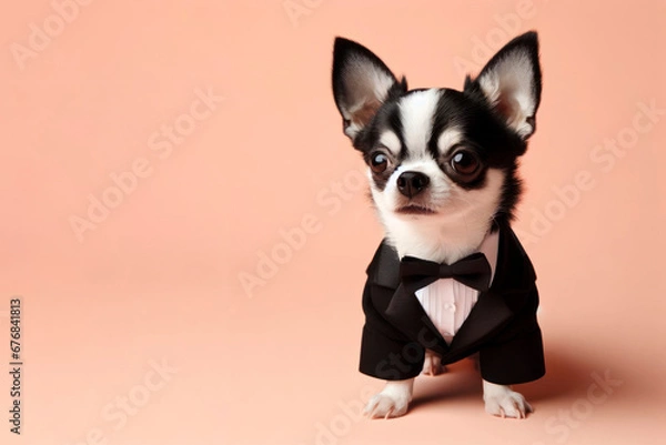 Fototapeta Chihuahua wearing tuxedo color background. ai generative