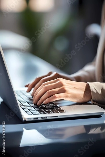 Fototapeta Humans hand typing on laptop keyboard. Blured morning background. Business concept image