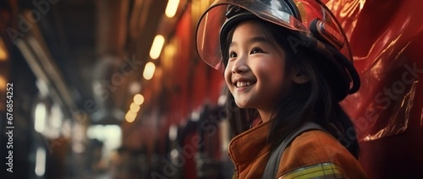 Obraz Portrait of smiling asian little girl wearing firefighter uniform standing in fire truck.