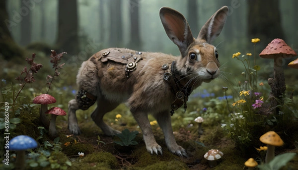 Fototapeta Cute rabbit with large ears and expressive eyes lying on a bed, Generative AI.

