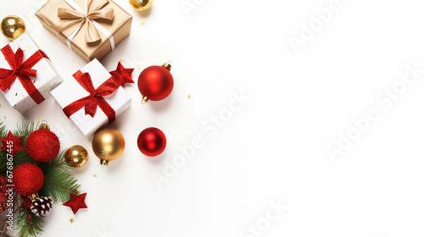 Fototapeta Christmas baubles, intricately wrapped gifts, and shimmering beads scattered on a pristine white background.