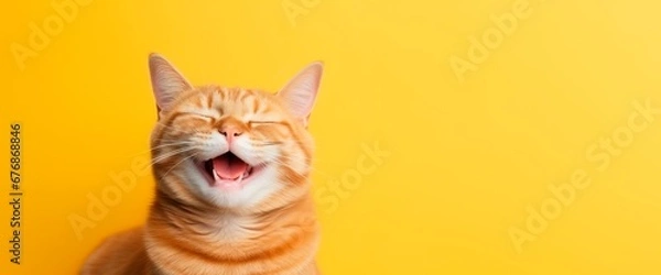 Fototapeta a funny happy  cat is laughing isolated on yellow background, horizontal banner, copy space for text