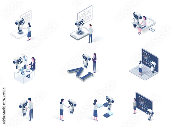 Fototapeta Vector isometric illustration set of Artificial intelligence AI robot with people