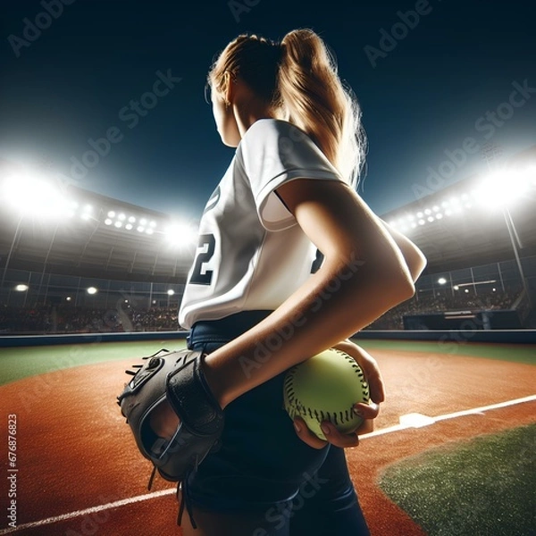 Obraz A wideangle shot of a softball player illuminated by the bright lights of the stadium