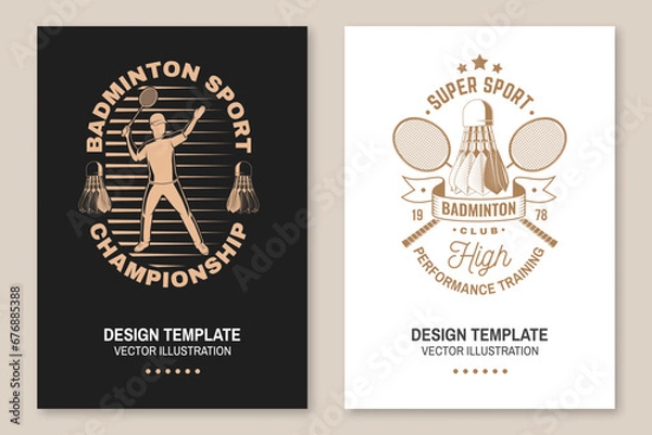 Fototapeta Set of badminton sport vintage flyer, poster design. Vector. Editable template with badminton racket, player and shuttlecock silhouettes. Badminton tournament posters for sports competition.