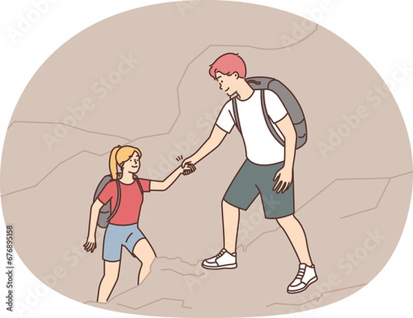 Fototapeta Caring man help woman with climbing