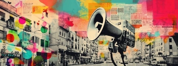 Fototapeta Vibrant collage art with loudspeaker and cityscape. Photomontage of street view, colorful abstracts,